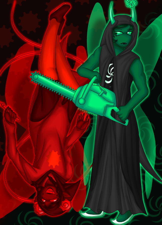 Digital art of Aradia and Kanaya in their God-tier clothing wielding a whip and chainsaw respectively.